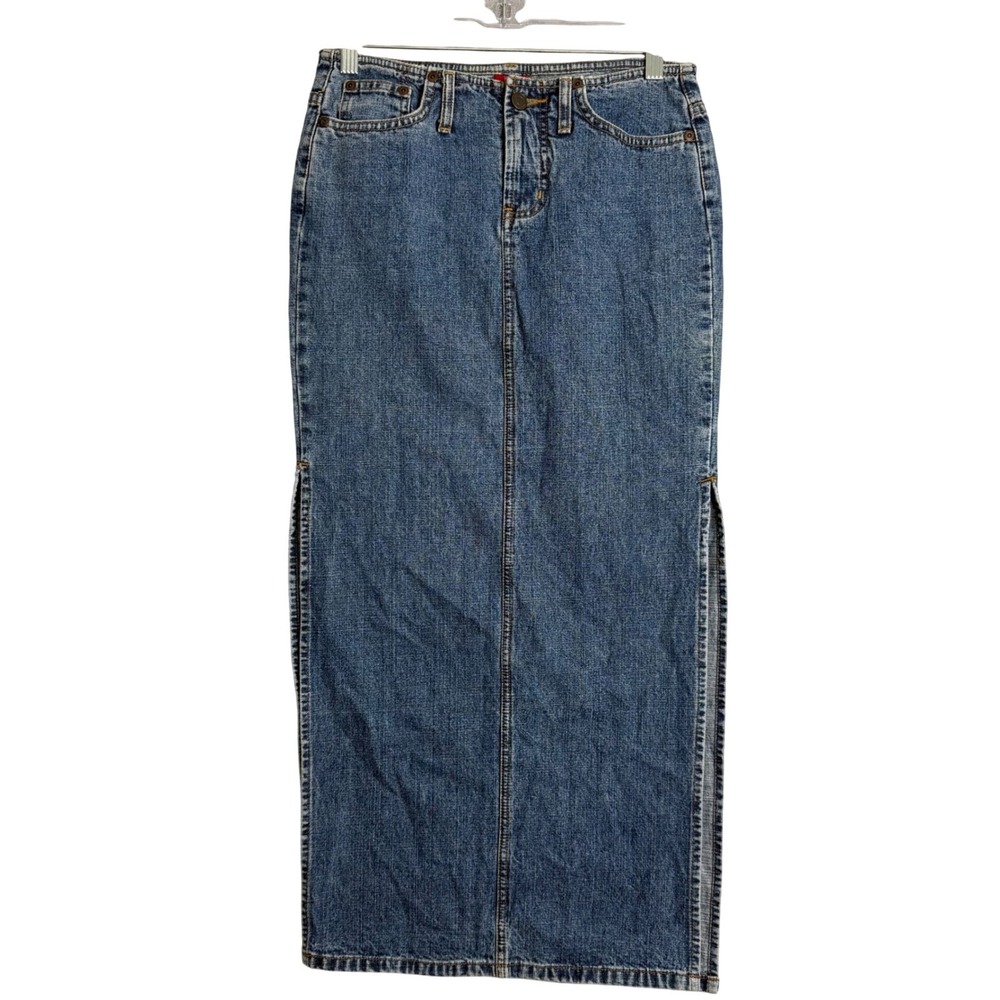 Vintage Y2K Mossimo Denim Midi Skirt Womens 28 Blue Low Rise Jean Side Slits